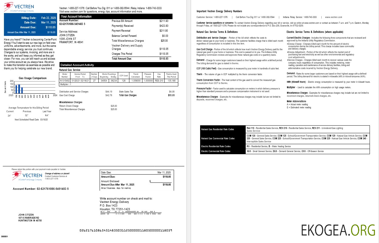 USA Ohio Vectren gas utility bill, version 2